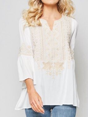 Embroidered Split-Neck Peasant Top - White with Cream Accents Sz-S. J9